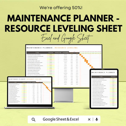 Maintenance Planner - Resource Sheet | Excel and Google Sheets | Task Management Tool for Efficient Scheduling & Resource Allocation
