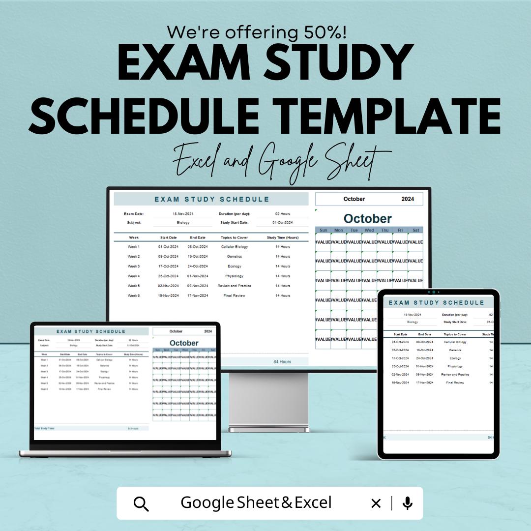 Exam Study Schedule Template | Study Planner for Students | Revision Tracker | Study Timetable & Organizer