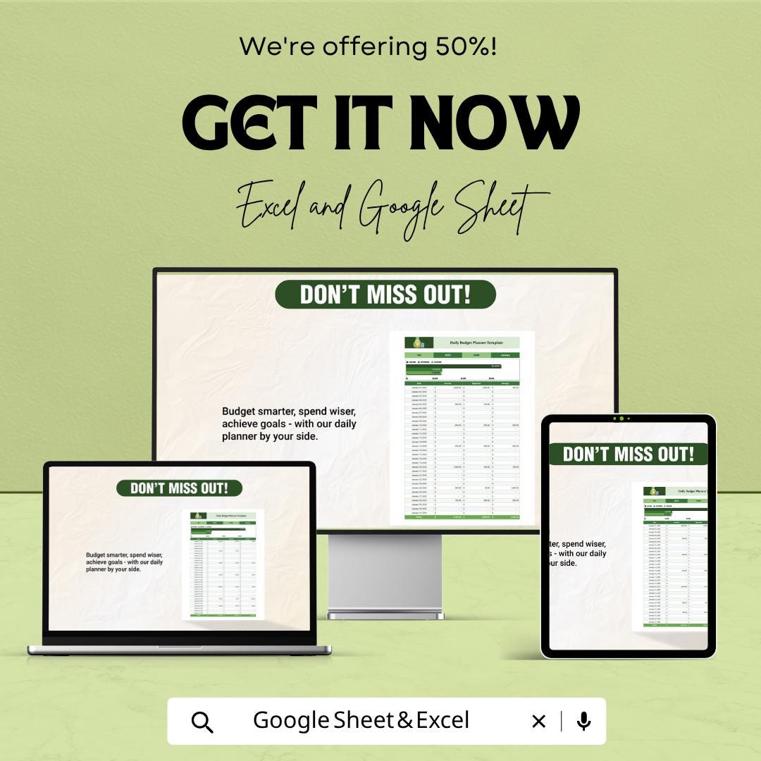 Daily Budget Planner Template | Budget Tracker | Daily Expense Tracker | Personal Finance Spreadsheet | Money Management Tool