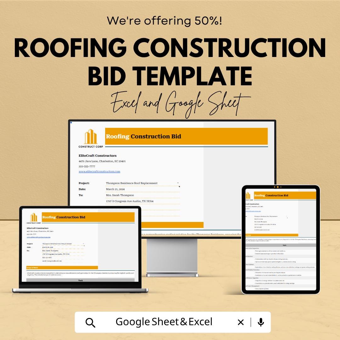 Roofing Construction Bid Template | Roofing Estimate Spreadsheet | Contractor Proposal Template | Roofing Project Quote |