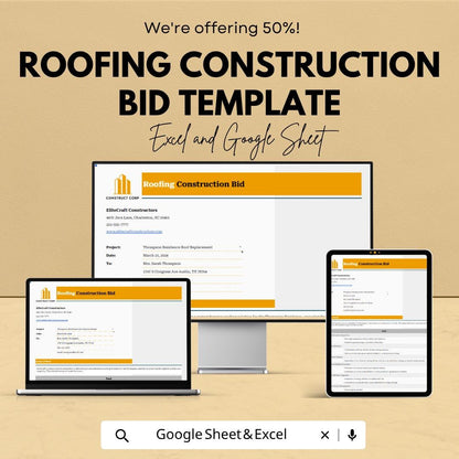 Roofing Construction Bid Template | Roofing Estimate Spreadsheet | Contractor Proposal Template | Roofing Project Quote |