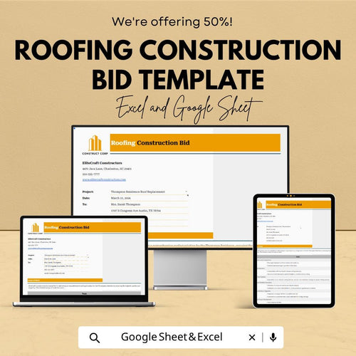 Roofing Construction Bid Template | Roofing Estimate Spreadsheet | Contractor Proposal Template | Roofing Project Quote |