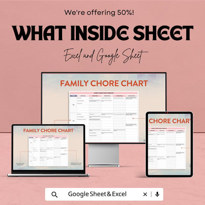 Family Chore Chart Template Excel Google Sheets | Household Task Planner | Kids Chore Schedule | Cleaning Checklist | Family Organizer