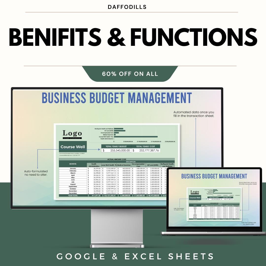 Business Budget Management Template, Company Budget Planner, Expense Tracking Sheet, Financial Management Tool, Google Sheets Excel