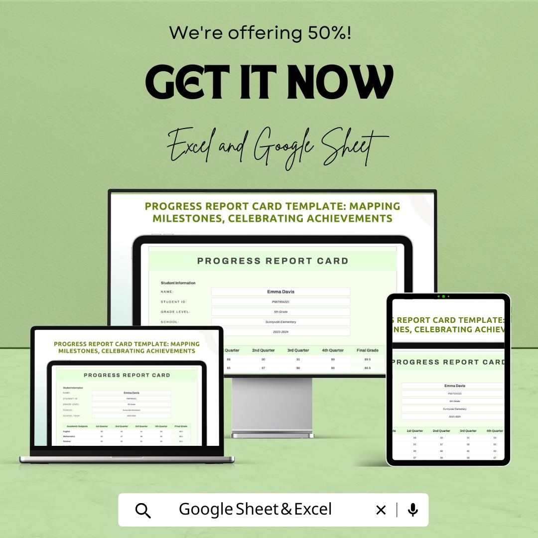 50% Off - Progress Report Card Sheet for Google Sheets | Student Grade Tracker | Quarterly Report Template | Academic Progress Overview