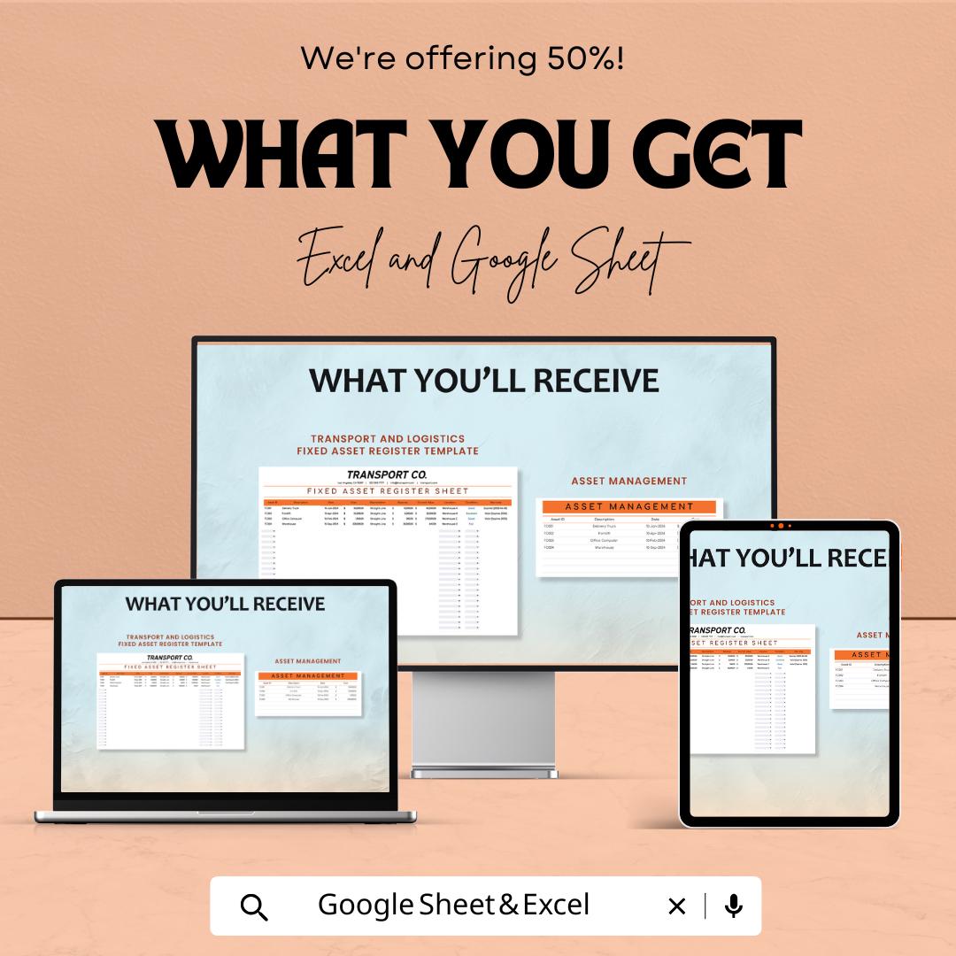 Transport and Logistics Fixed Asset Register Template | Asset Tracking Spreadsheet | Fleet and Equipment Register | Excel and Google Sheets