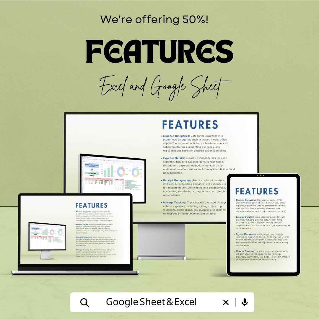 Contractor Expense Template Excel & Google Sheets | Freelance Expense Tracker | Self Employed Budget Spreadsheet | Business Expense Planner