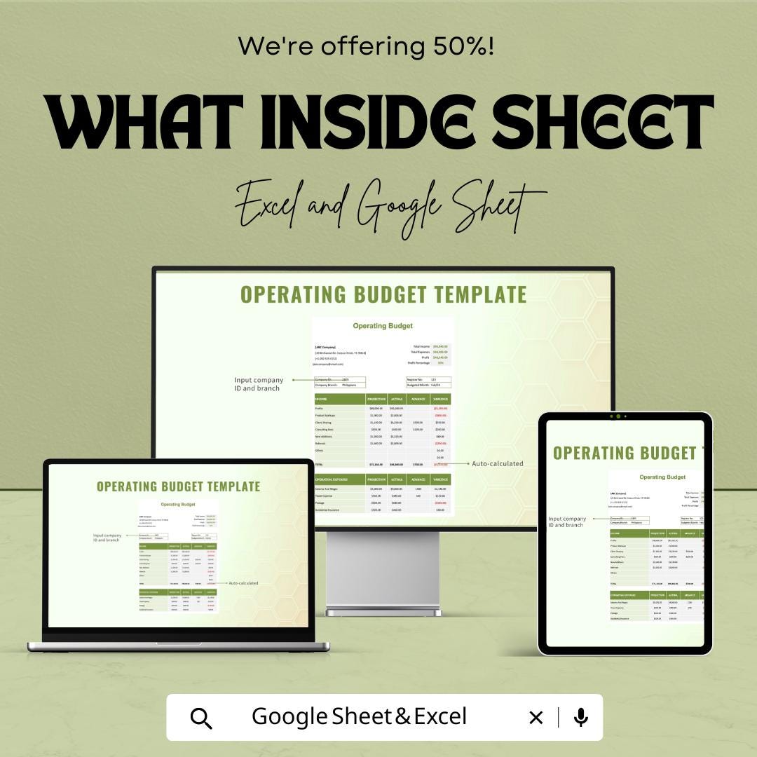 Operating Budget Template | Business Operating Budget Spreadsheet | Excel and Google Sheets Budget Planner | Expense & Income Tracker