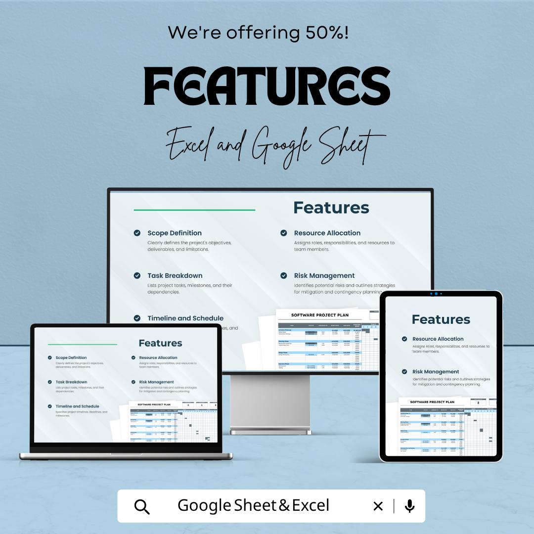 Software Project Plan Template | Project Management Spreadsheet | Gantt Chart Planner | Excel & Google Sheets | Task Tracker Dashboard