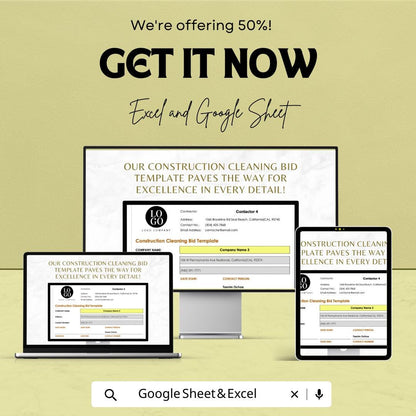 Construction Cleaning Bid Template | Construction Cleaning Estimate Template | Cleaning Service Bid sheet | Contractor Proposal Template