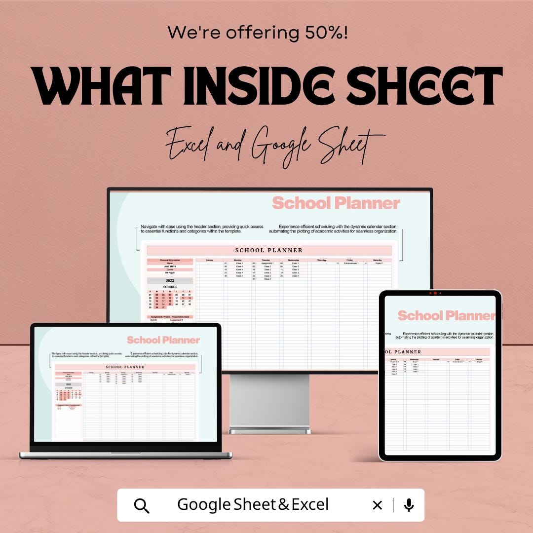 School Planner Template Excel and Google Sheets | Student Planner Spreadsheet | Weekly Class Schedule & Assignment Tracker |