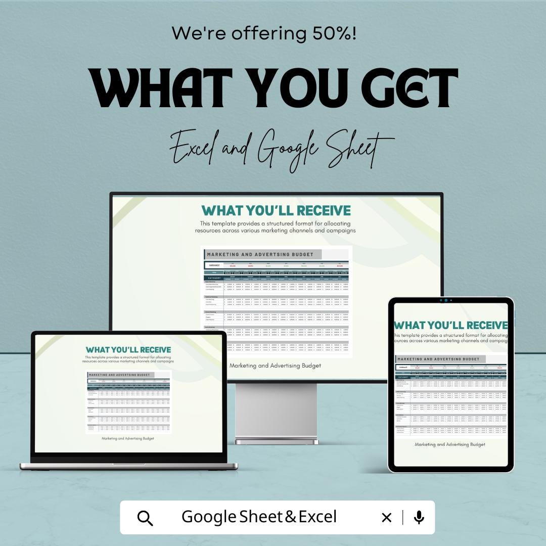 Marketing and Advertising Budget Sheet | Excel and Google Sheets Template | ROI Tracking & Campaign Management