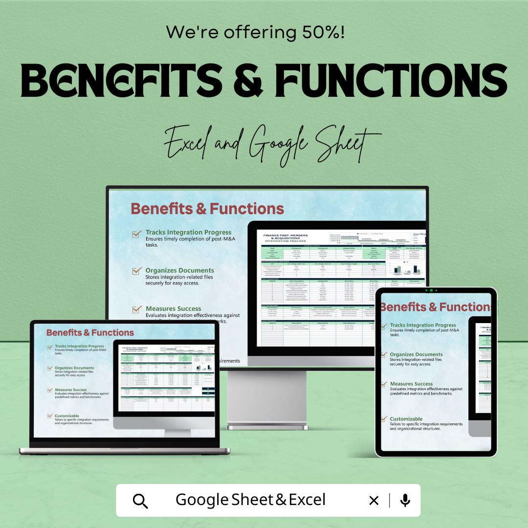 Finance Post-Merger & Acquisition Integration Tracker Template | Excel and Google Sheets | M and A Integration Tracker | Finance KPI sheet