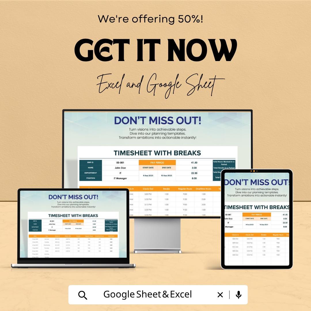 Timesheet with Breaks Template | Employee Timesheet Spreadsheet | Work Hours & Break Tracker | Payroll Time Log Sheet