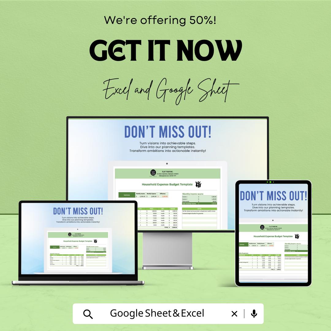 Household Expense Budget Sheet | Excel & Google Sheets | Budget Planner Template | Monthly Expense Tracker | Household Finance Management