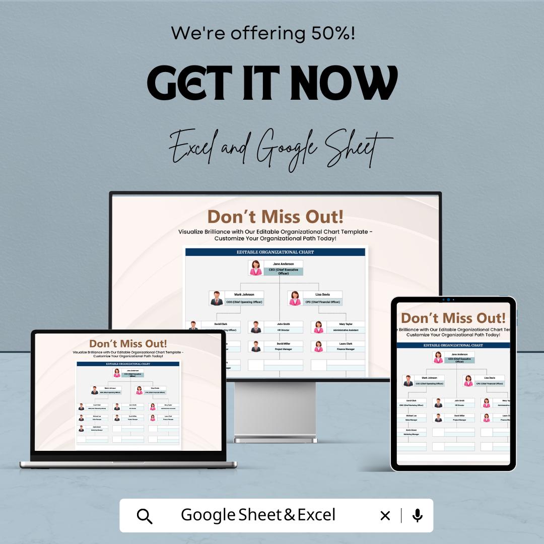 Editable Organizational Chart Template - Excel & Google Sheets - Customize Your Company Structure, Visualize Roles and Hierarchy
