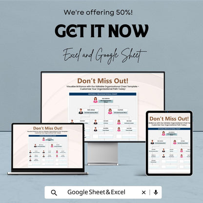 Editable Organizational Chart Template - Excel & Google Sheets - Customize Your Company Structure, Visualize Roles and Hierarchy