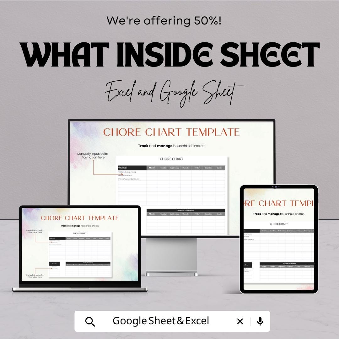 Chore Chart Template | Excel and Google Sheets | Weekly Household Planner | Family Task Organizer | Editable Chore Schedule