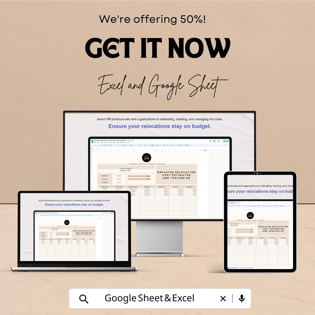 Employee Relocation Cost Estimator and Tracker | HR Relocation Budget Template | Excel & Google Sheets | Employee Moving Cost Tracker