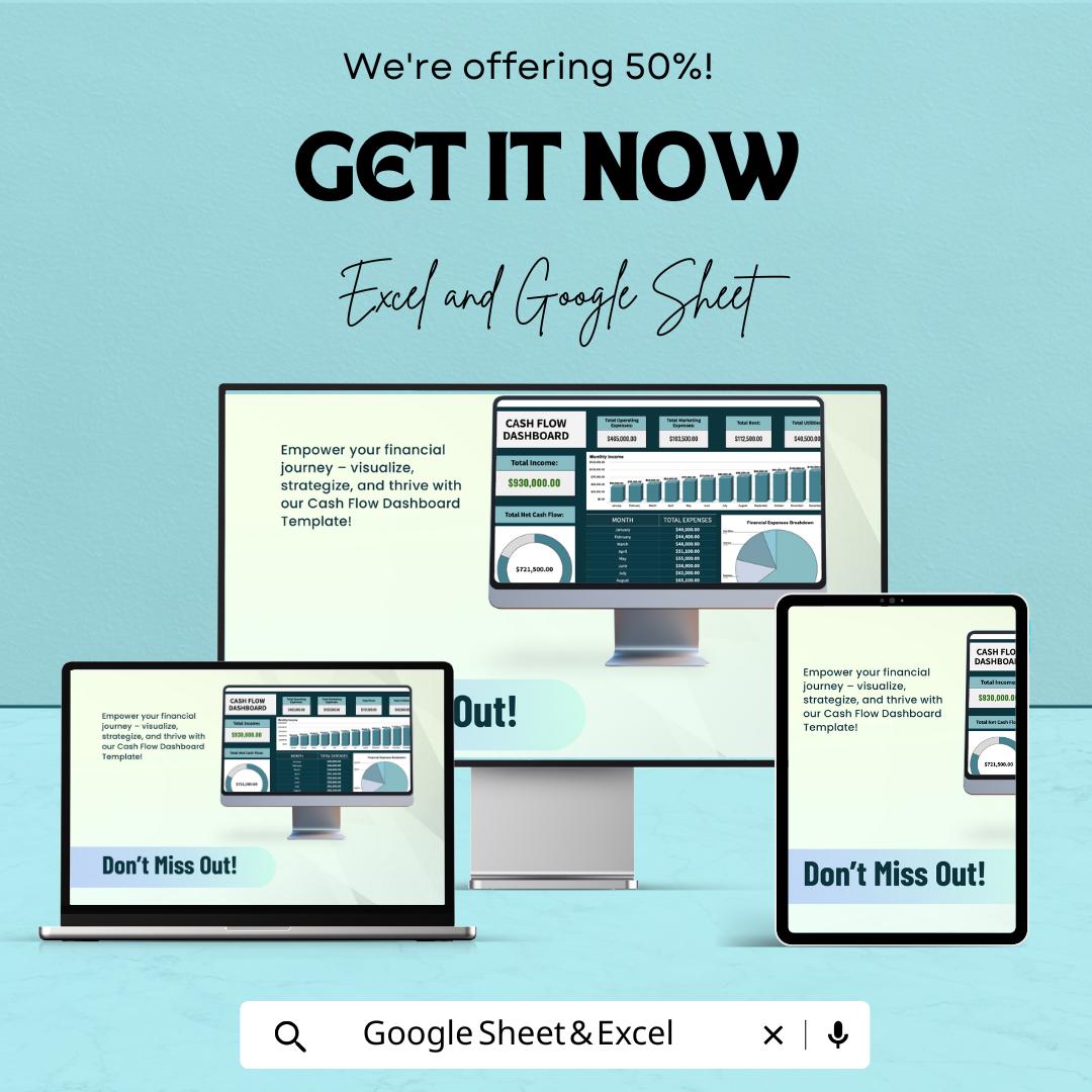 Cash Flow Dashboard | Financial Management Excel and Google Sheets | Monthly & Annual Cash Flow Analysis | Real-Time Financial Dashboard