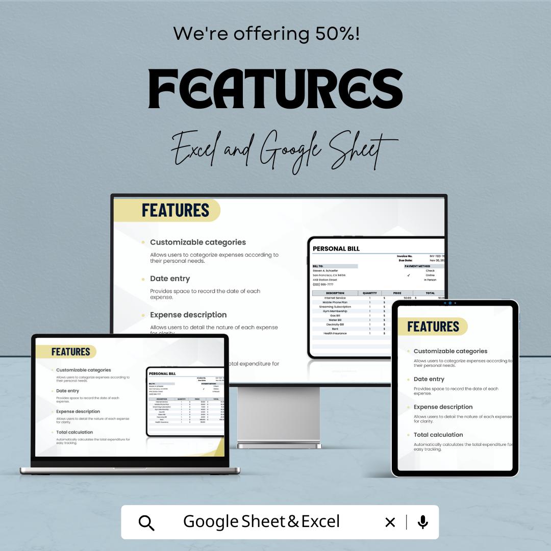 Personal Bill Sheet - Editable Excel & Google Sheet Template for Easy Expense Tracking