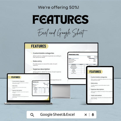 Personal Bill Sheet - Editable Excel & Google Sheet Template for Easy Expense Tracking