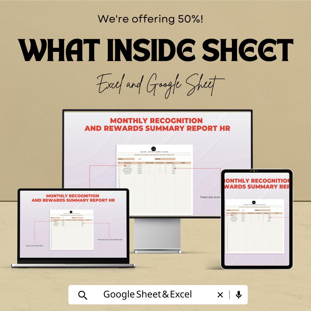 Monthly Recognition and Rewards Summary Report | HR Template for Excel & Google Sheets | Employee Recognition Tracker