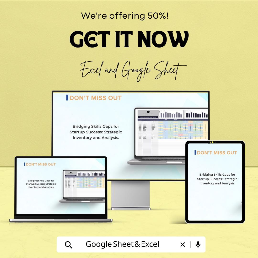 Startup Skills Inventory and Gap Analysis Sheet - Excel and Google Sheets Template for Team Assessment & Strategic Planning