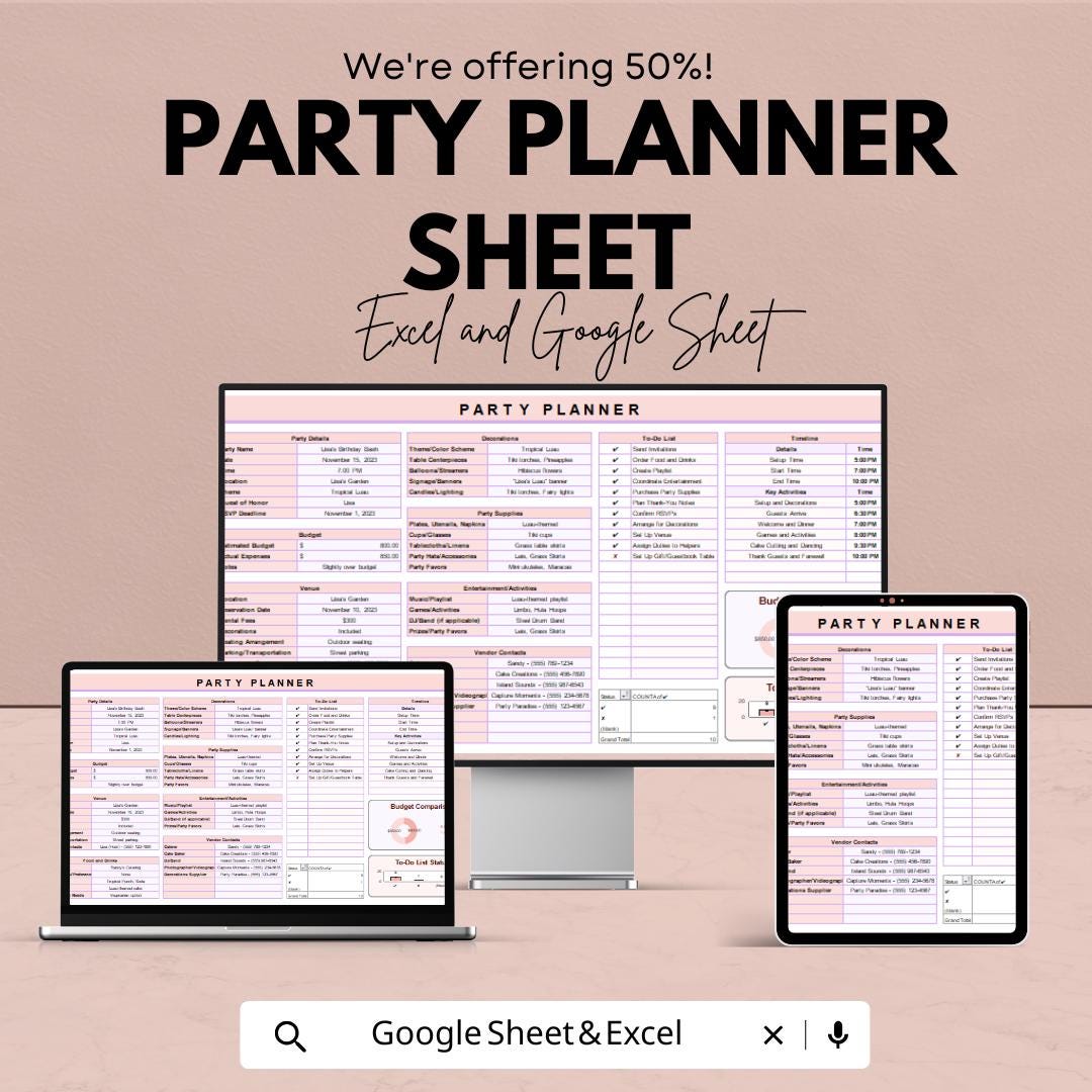 Party Planner Sheet | Event Planning Template | Budget Tracker | Excel & Google Sheets | Party Organizer