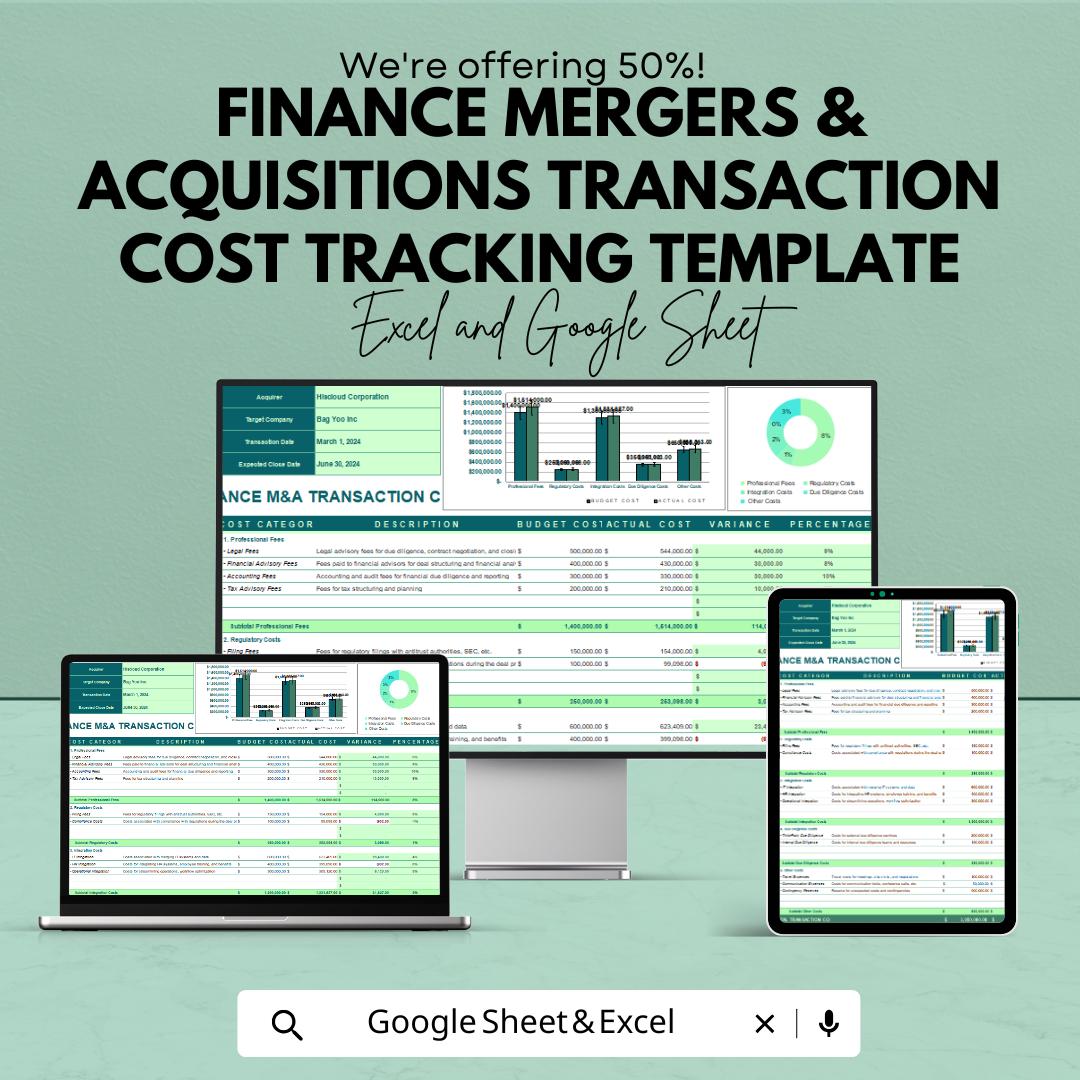Finance M&A Transaction Cost Tracking Template | Merger Cost Tracker | Budget vs Actual Analysis | M and A Finance Template
