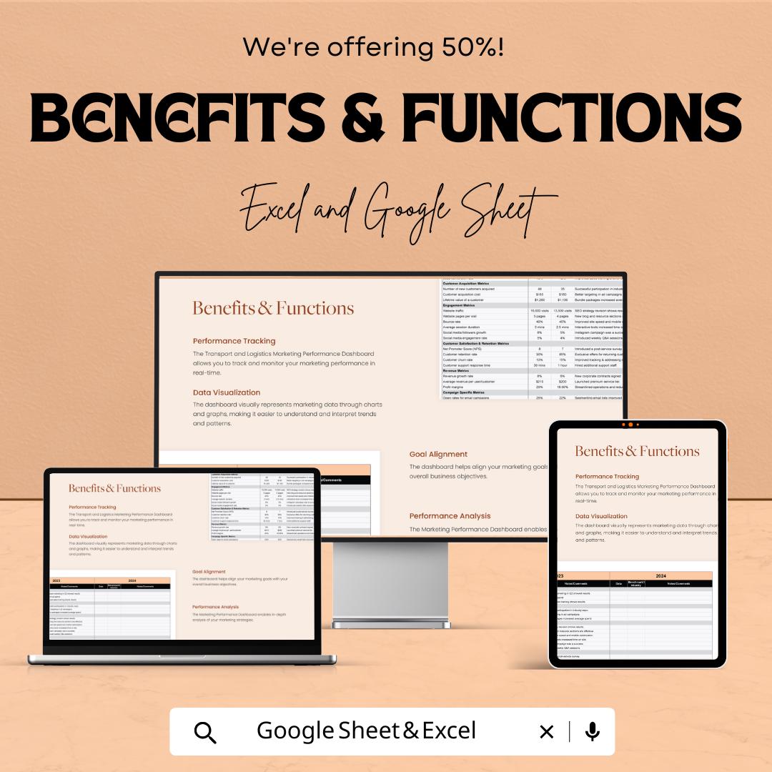 Marketing Dashboard Template | Transport and Logistics KPI Tracker | Excel & Google Sheets Marketing Report | Analytics Performance Sheet