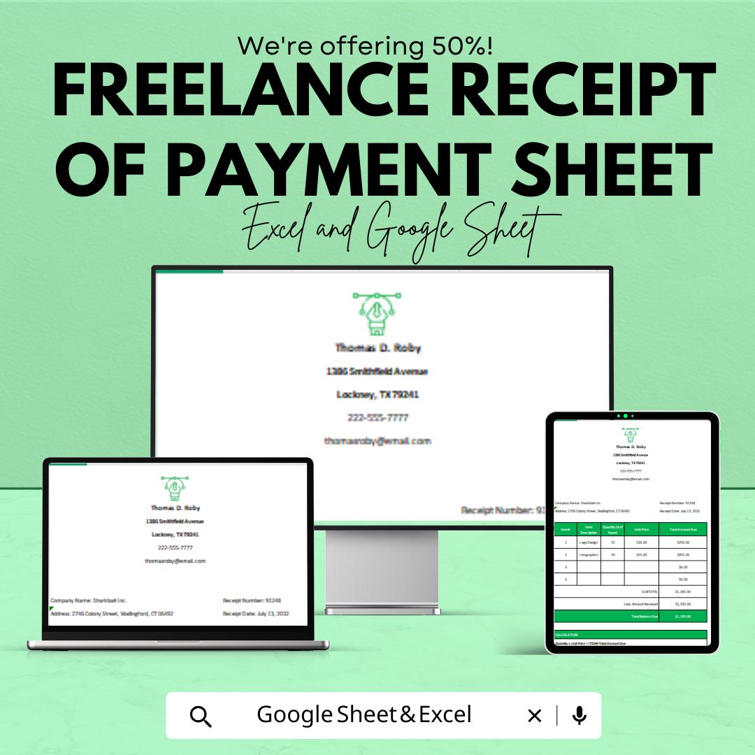 Freelance Receipt of Payment Sheet | Professional Invoice Template | Excel & Google Sheet Format | Instant Download