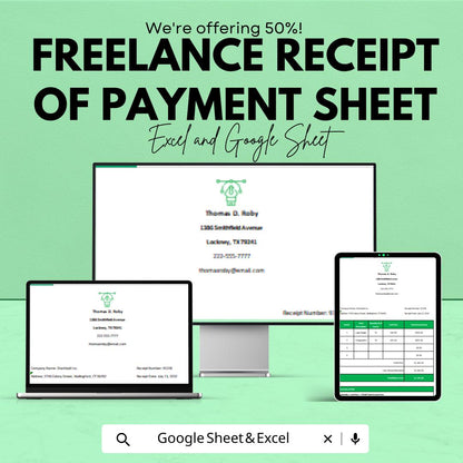 Freelance Receipt of Payment Sheet | Professional Invoice Template | Excel & Google Sheet Format | Instant Download