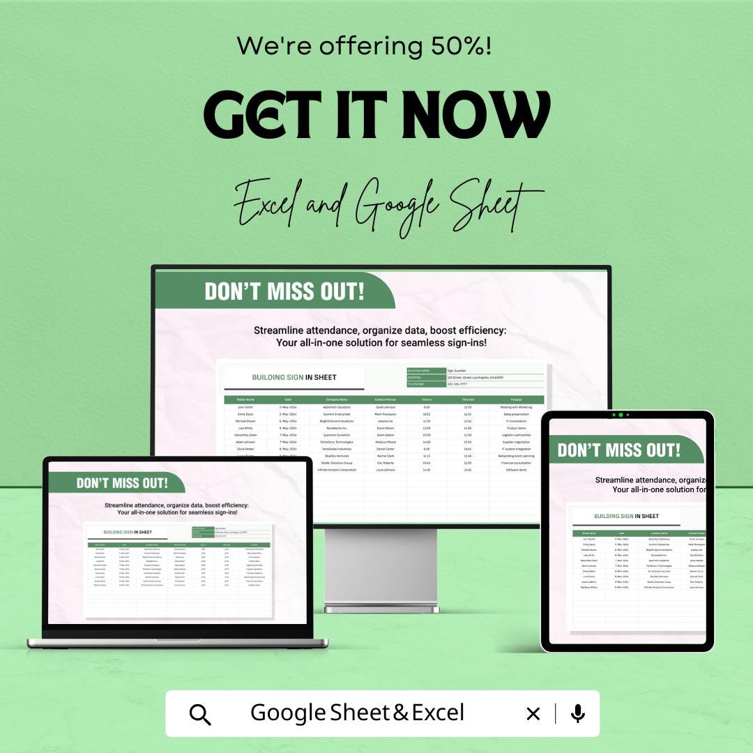 Building Sign In Sheet | Visitor Log Sheet Template | Excel & Google Sheet | Office Sign-In Template | Customizable Attendance Sheet |