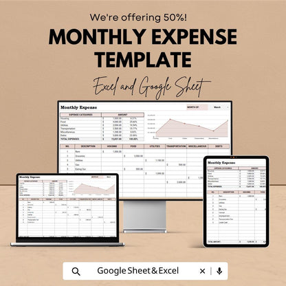 Monthly Expense Tracker Template | Budget Planner Spreadsheet | Personal Finance Tracker | Expense Management Sheet |