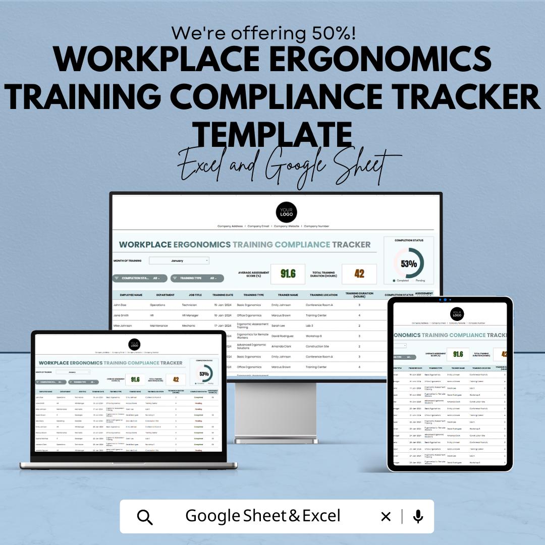 Workplace Ergonomics Training Tracker | Compliance Template | Excel & Google Sheets | Employee Training Log | Safety Tracker