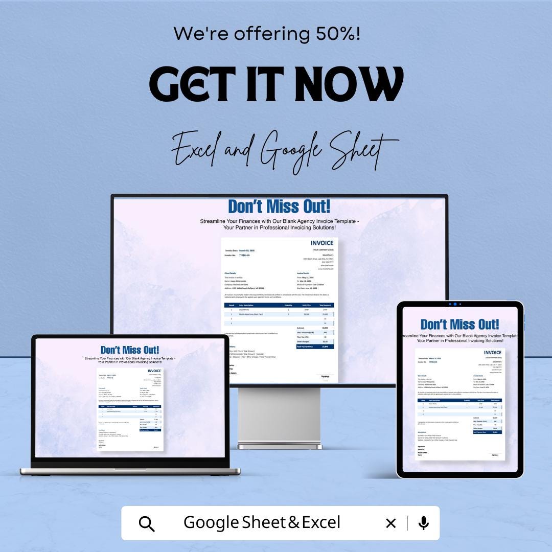 Blank Agency Invoice Template - Customizable Excel & Google Sheets - Easy-to-Use Professional Invoice
