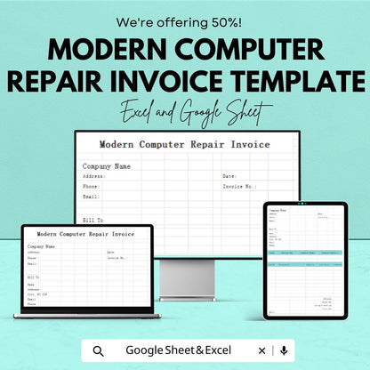 Modern Computer Repair Invoice Template |  Repair Service Billing Template | Printable Invoice Sheet | Auto Calculated