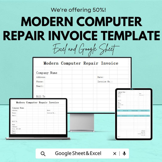 Modern Computer Repair Invoice Template |  Repair Service Billing Template | Printable Invoice Sheet | Auto Calculated