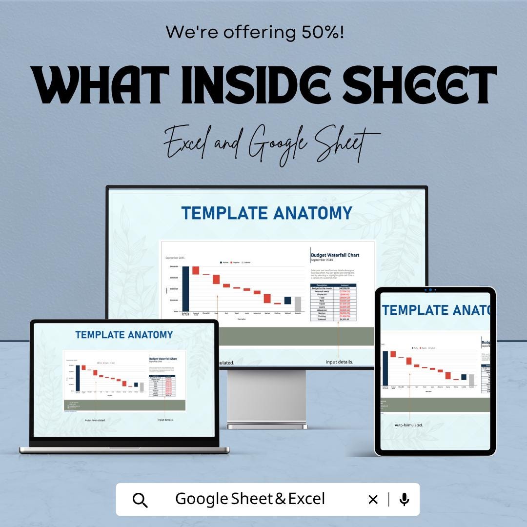 Budget Waterfall Chart Template | Waterfall Chart Spreadsheet | Budget Analysis Template | Excel & Google Sheets | Income Expense