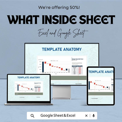 Budget Waterfall Chart Template | Waterfall Chart Spreadsheet | Budget Analysis Template | Excel & Google Sheets | Income Expense