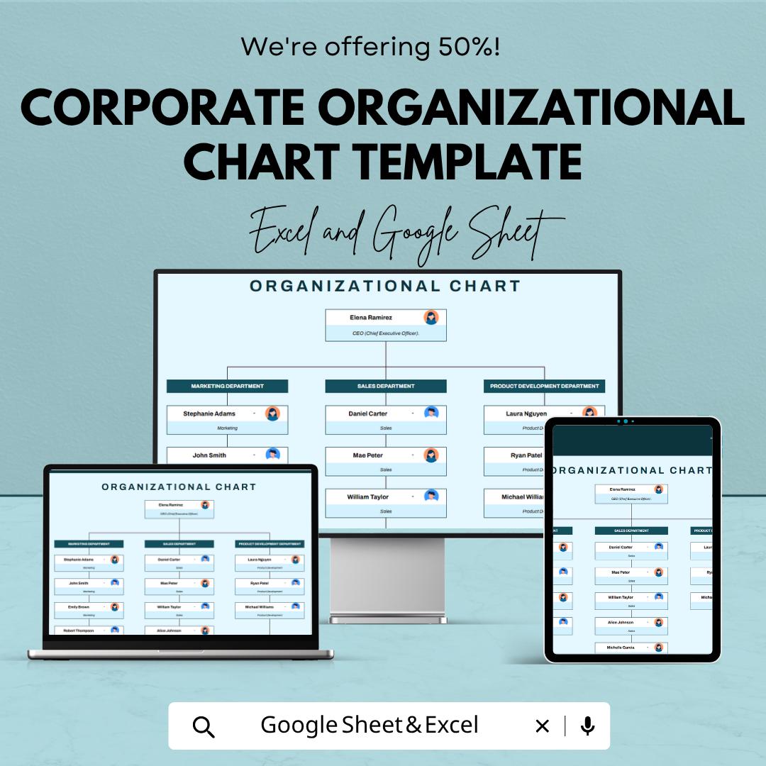 Corporate Organizational Chart Template | Org Chart Excel & Google Sheets | Company Hierarchy Chart | Employee Structure Template |