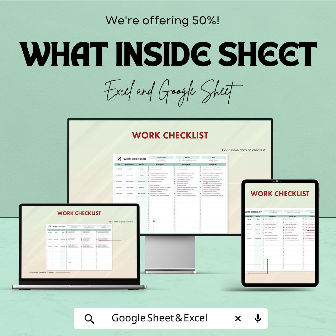 Work Checklist Template | Daily Task Sheet for Employees | Excel & Google Sheets | Job Tracker | Task Planner | Business Operations Log
