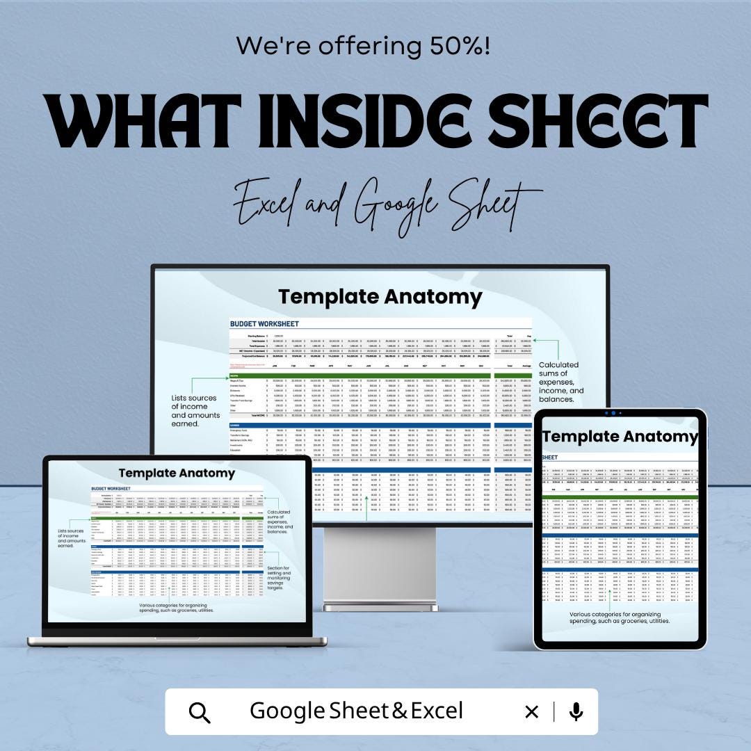 Budget Spreadsheet Template | Monthly Budget Planner | Excel & Google Sheets Finance Tracker | Expense Tracker | Savings Planner |