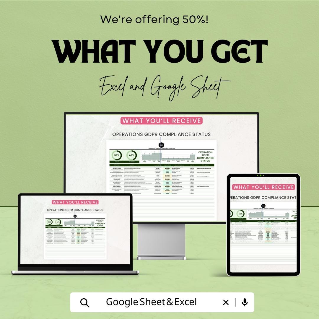 Operations GDPR Compliance Status Template, GDPR Tracker Spreadsheet, Data Protection Compliance Log, Privacy Compliance Dashboard