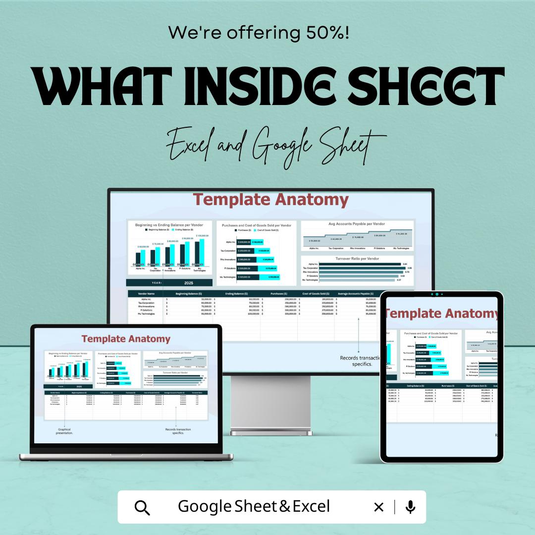Finance Accounts Payable Turnover Analysis Template | AP Turnover Ratio Dashboard | Accounts Payable Analysis | Excel & Google Sheets