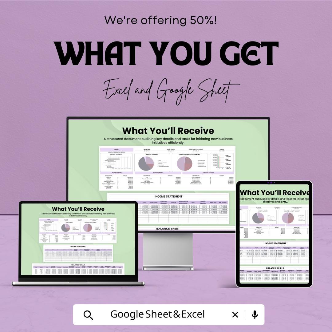 Startup Financial Model Template for Excel and Google Sheets | Budget Planning, Cash Flow, Financial Projection, Business Plan Template |