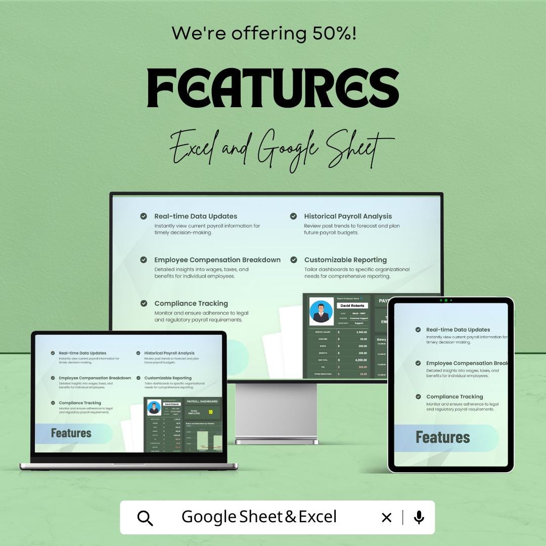 Payroll Dashboard Excel & Google Sheet - Real-Time Employee Salary Management, Compliance Tracking, Customizable Reports
