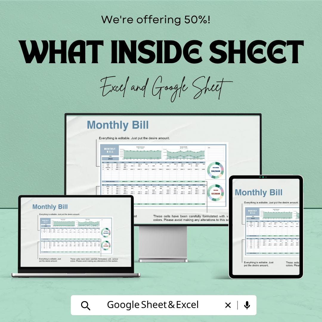 Monthly Bill Template | Monthly Bill Tracker Spreadsheet | Budget Planner Sheet | Expense Tracker Template | Excel & Google Sheets |