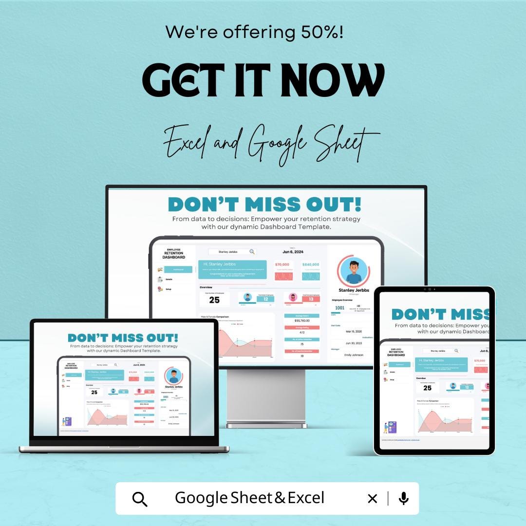 Employee Retention Dashboard Excel and Google Sheet | Track Employee Retention, Satisfaction & Performance | HR Analytics Template